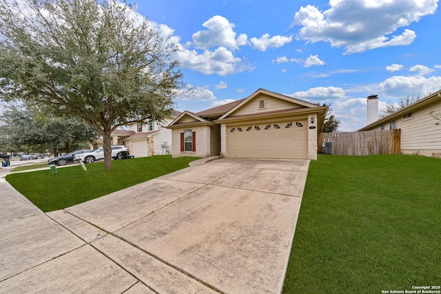 ranch-style house featuring cooling unit, a front lawn, and a garage