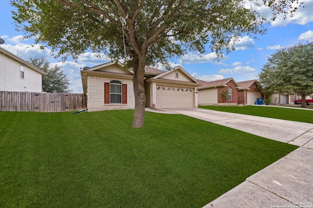 single story home featuring a garage and a front lawn