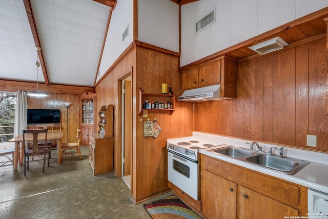 kitchen with white range with electric stovetop, wooden walls, sink, and hanging light fixtures