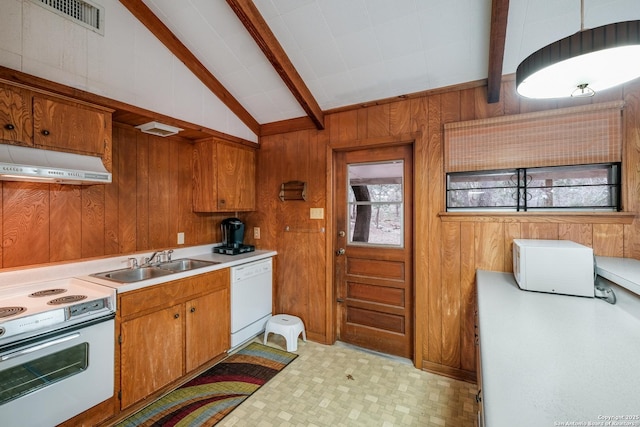 kitchen with wood walls, dishwasher, sink, and electric range oven