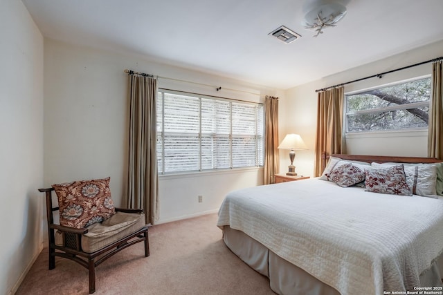 carpeted bedroom featuring multiple windows