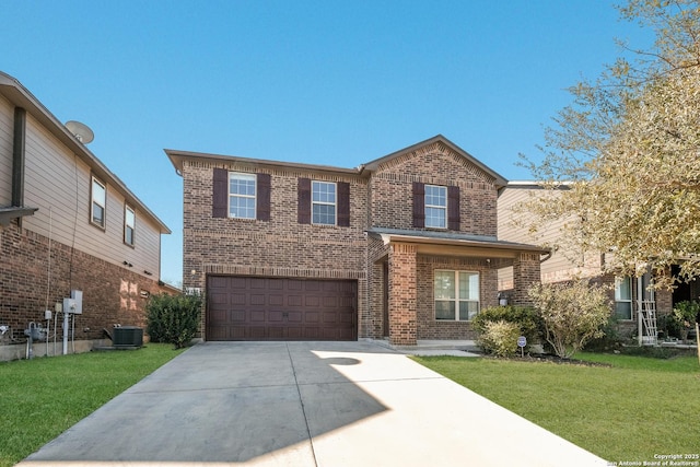 view of front of house featuring a garage, a front lawn, and central air condition unit