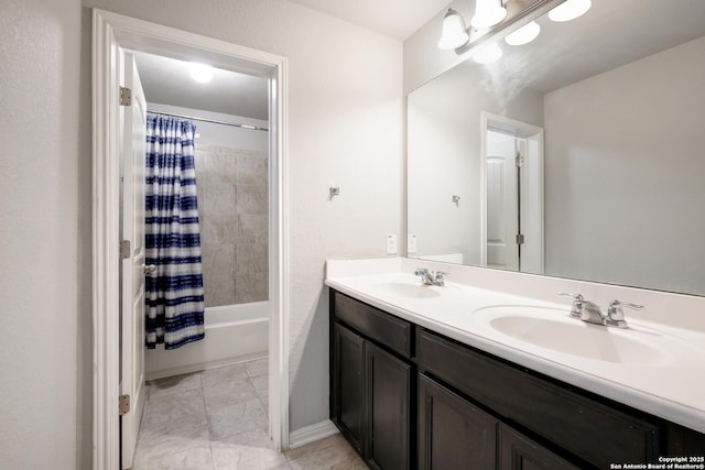 bathroom with shower / bath combination with curtain and vanity