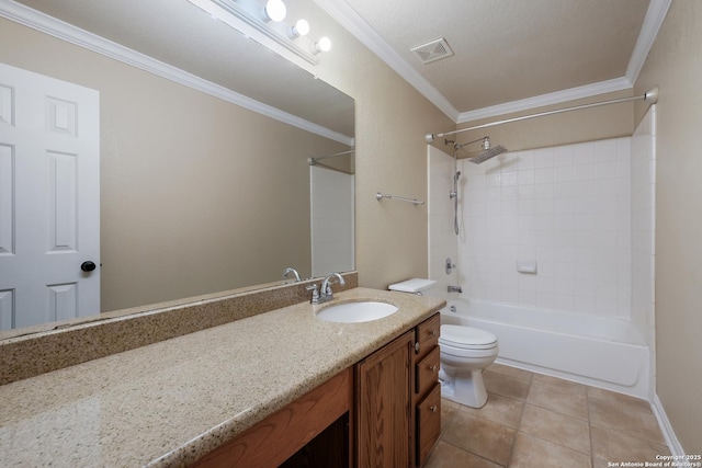 full bathroom with vanity, tile patterned floors, crown molding, toilet, and shower / bathtub combination