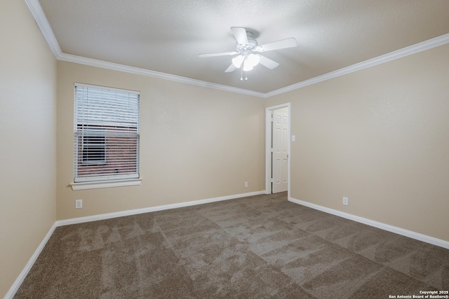 spare room featuring a textured ceiling, ceiling fan, ornamental molding, and carpet floors