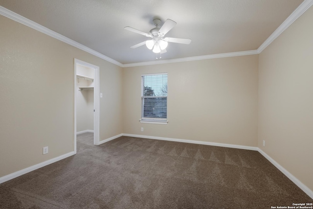 spare room with carpet flooring, ceiling fan, and ornamental molding