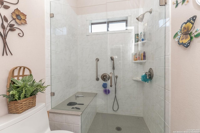 bathroom with a tile shower and toilet