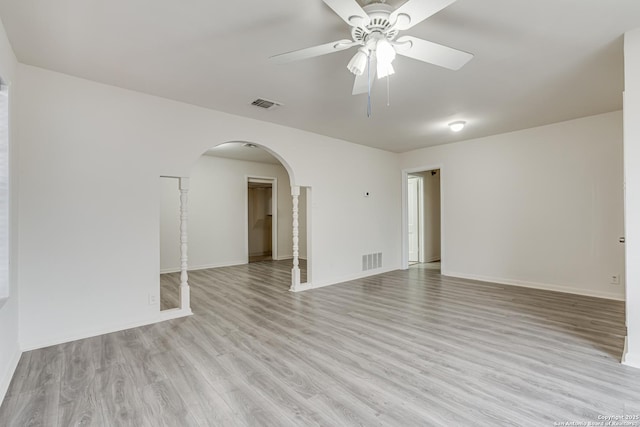 unfurnished room with light hardwood / wood-style flooring and ceiling fan