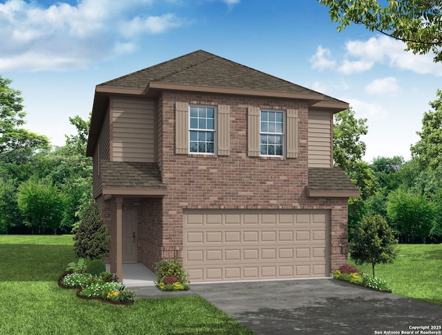 view of front of home with a garage and a front lawn