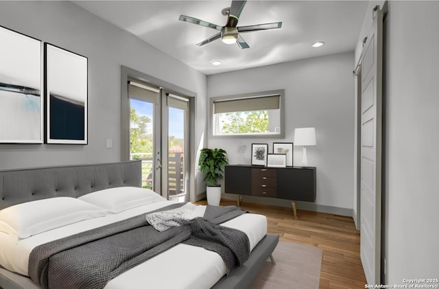 bedroom with access to outside, light hardwood / wood-style flooring, and ceiling fan