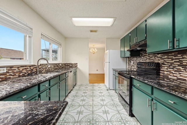 kitchen with sink, green cabinetry, black electric range, and backsplash