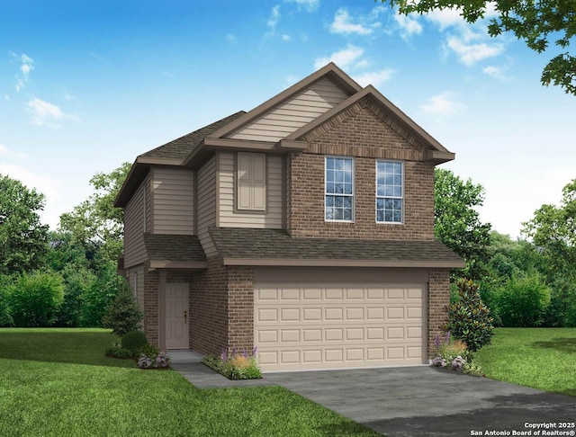 view of front of home featuring a front lawn and a garage