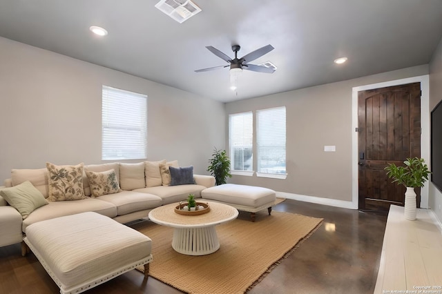 living room with ceiling fan