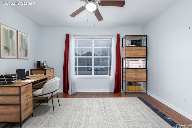 office featuring ceiling fan and wood-type flooring