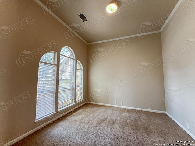 unfurnished room with carpet and ornamental molding