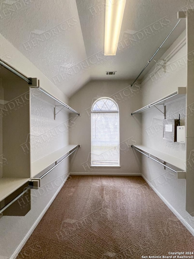 walk in closet featuring carpet floors and vaulted ceiling