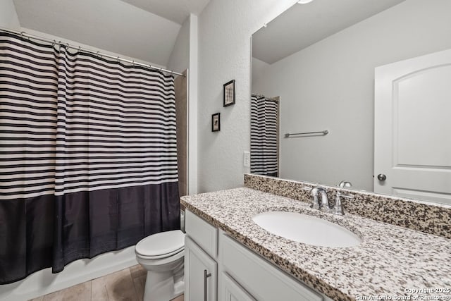 full bathroom with vanity, shower / bath combination with curtain, toilet, a textured ceiling, and wood-type flooring