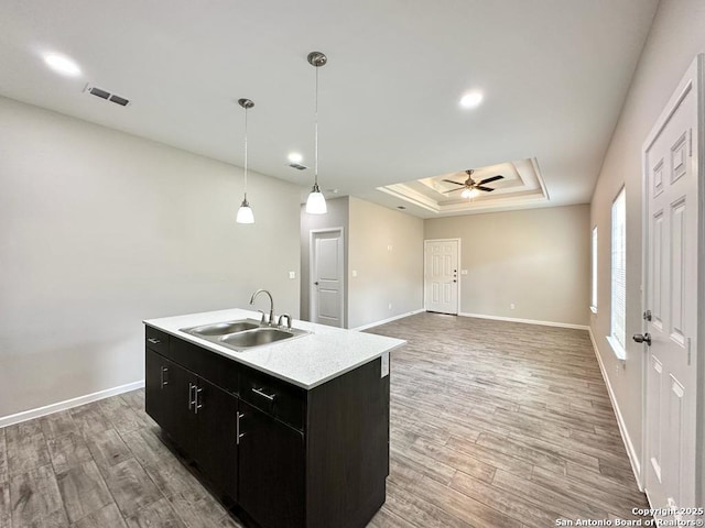 kitchen featuring ceiling fan, sink, a tray ceiling, a kitchen island with sink, and light wood-type flooring