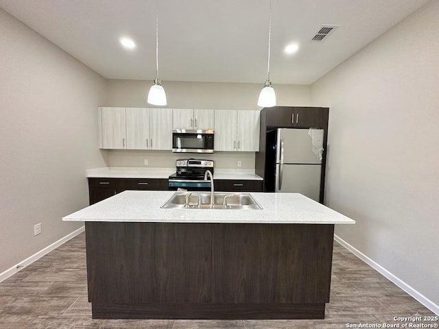 kitchen featuring pendant lighting, stainless steel appliances, a center island with sink, and sink