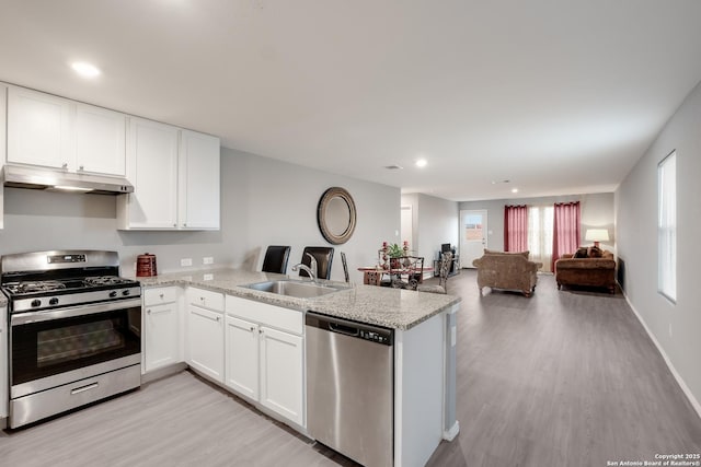 kitchen featuring kitchen peninsula, stainless steel appliances, white cabinetry, and sink