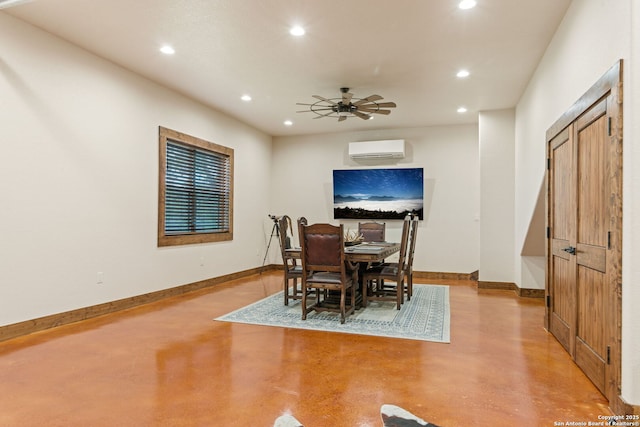 dining room with ceiling fan and a wall mounted AC