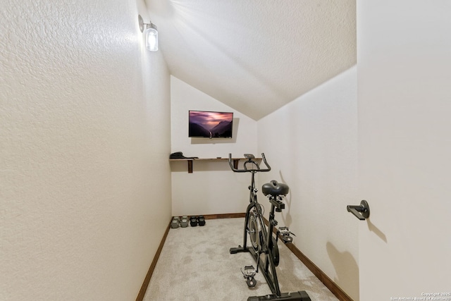 workout area featuring light colored carpet, a textured ceiling, and vaulted ceiling