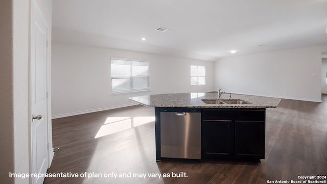 kitchen featuring light stone counters, a kitchen island with sink, sink, dishwasher, and dark hardwood / wood-style floors