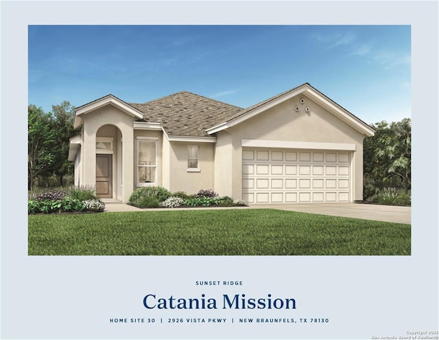 view of front of property featuring a garage and a front lawn