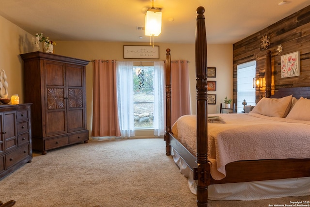 bedroom with light colored carpet