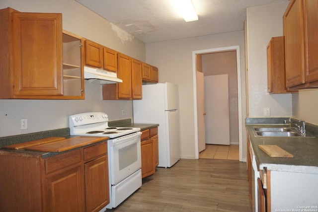 kitchen with white appliances, sink, and light hardwood / wood-style flooring