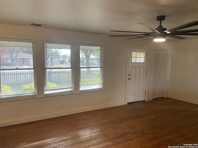 entryway featuring ceiling fan, plenty of natural light, and hardwood / wood-style flooring