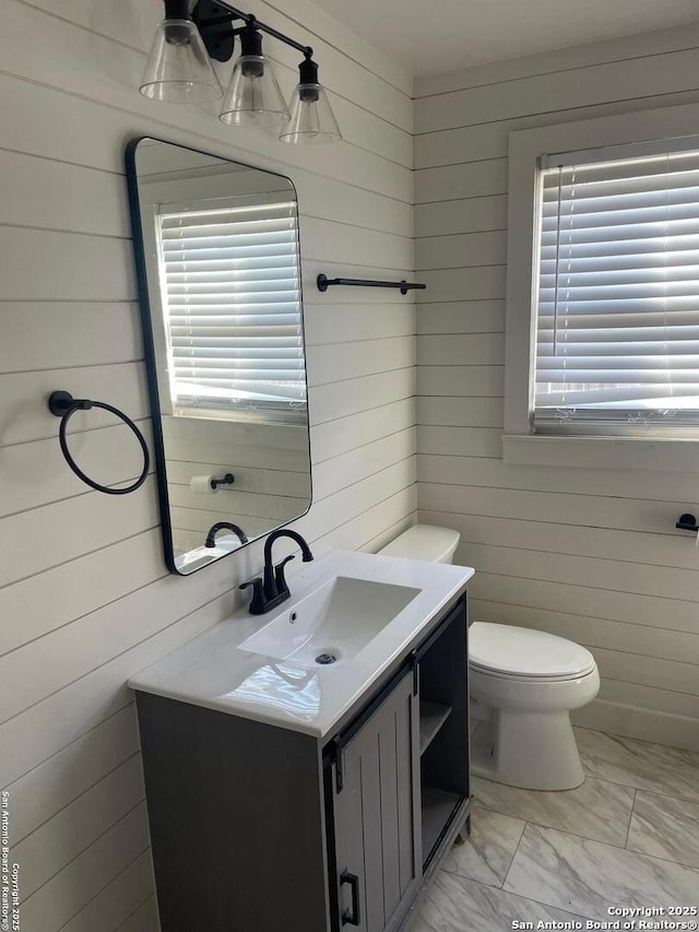 bathroom with wooden walls, vanity, and toilet