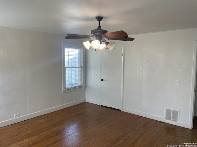 empty room featuring ceiling fan and dark wood-type flooring