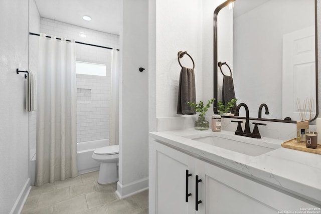 full bathroom featuring tile patterned floors, vanity, toilet, and shower / bathtub combination with curtain