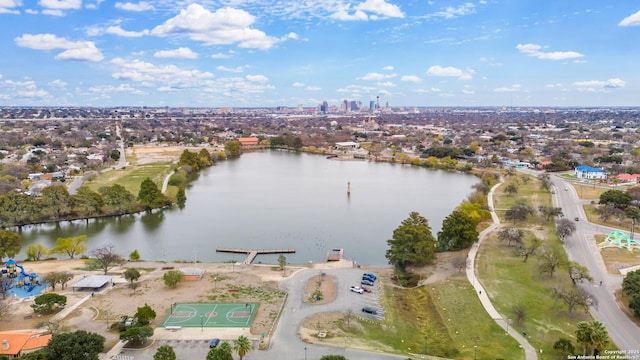 birds eye view of property featuring a water view