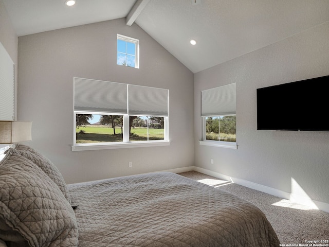 bedroom with carpet flooring and vaulted ceiling with beams