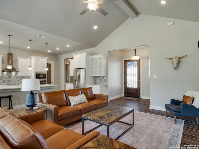 living room featuring beam ceiling, high vaulted ceiling, ceiling fan, and dark wood-type flooring