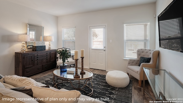 living room with a fireplace, plenty of natural light, and hardwood / wood-style floors