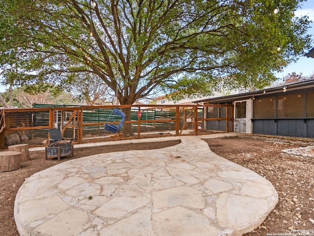 view of patio / terrace featuring an outdoor structure