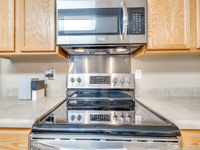 kitchen with light brown cabinetry and appliances with stainless steel finishes