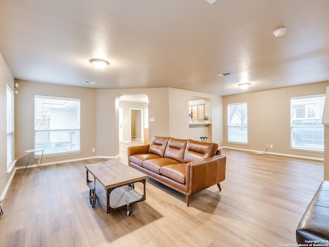 living room with plenty of natural light, light wood-type flooring, and a textured ceiling