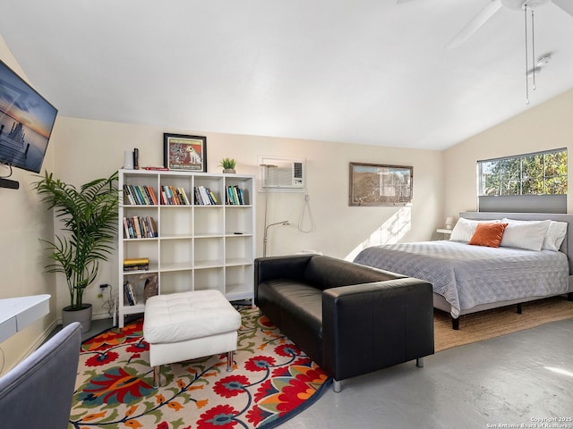 bedroom with a wall mounted air conditioner, ceiling fan, and vaulted ceiling