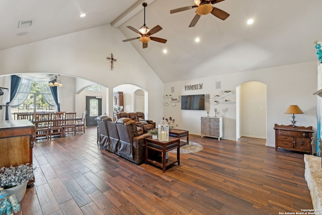 living room with beam ceiling, ceiling fan, high vaulted ceiling, and dark hardwood / wood-style floors