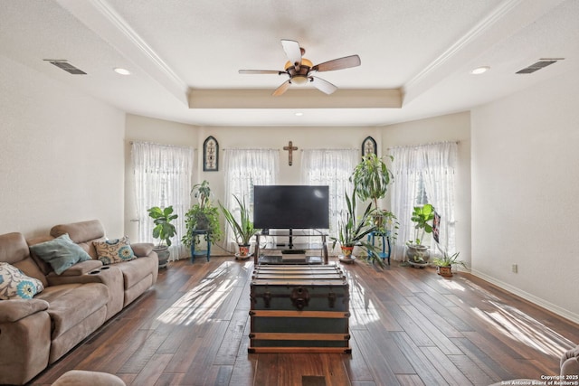 living room with plenty of natural light, a raised ceiling, and dark wood-type flooring