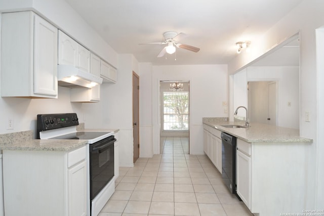 kitchen featuring white cabinetry, sink, light stone countertops, black dishwasher, and white range with electric cooktop