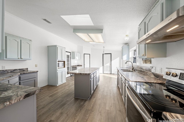 kitchen with a skylight, extractor fan, built in microwave, stainless steel electric stove, and sink