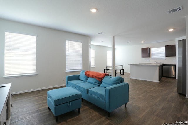 living room with sink and dark wood-type flooring