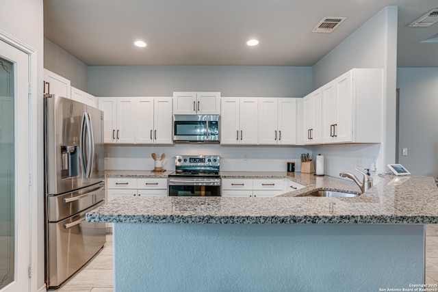 kitchen featuring light stone countertops, sink, kitchen peninsula, white cabinets, and appliances with stainless steel finishes