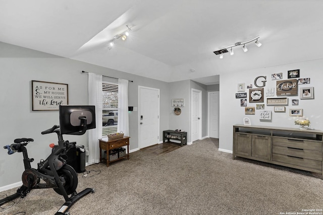 workout area featuring carpet and rail lighting