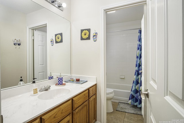 full bathroom featuring tile patterned floors, vanity, toilet, and shower / bathtub combination with curtain